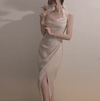 2021 new sling dress women french style one shoulder niche satin dress female split sexy elegant vestidos sukienka wholesale