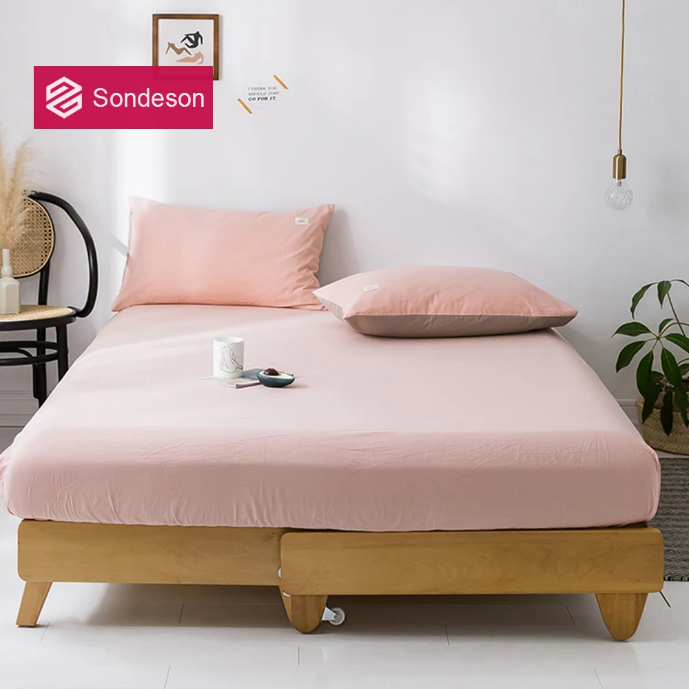 Sondeson 100% Cotton Pink Fitted Sheet With Rubber Band Mattress Cover Queen King Healthy Printed Soft Bed Linen Pillowcase 3PCS