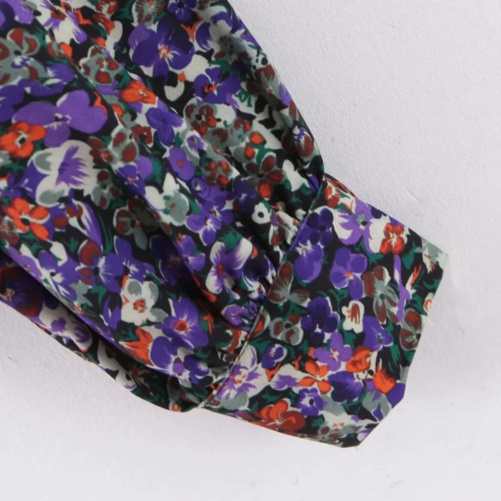 

Shirts Women Vintage Stand Collar Floral Printing Kimono Blouse Casual Pleated Lantern Sleeve Chic Shirt Femininas Chemise Tops