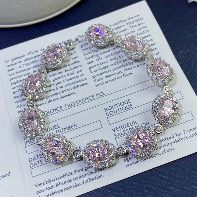 DIMINGKE 6*8MM Pink High Carbon Diamond 17CM Bracelet 100%-S925 Sterling Silver Wedding Party Lover Jewelry Gift
