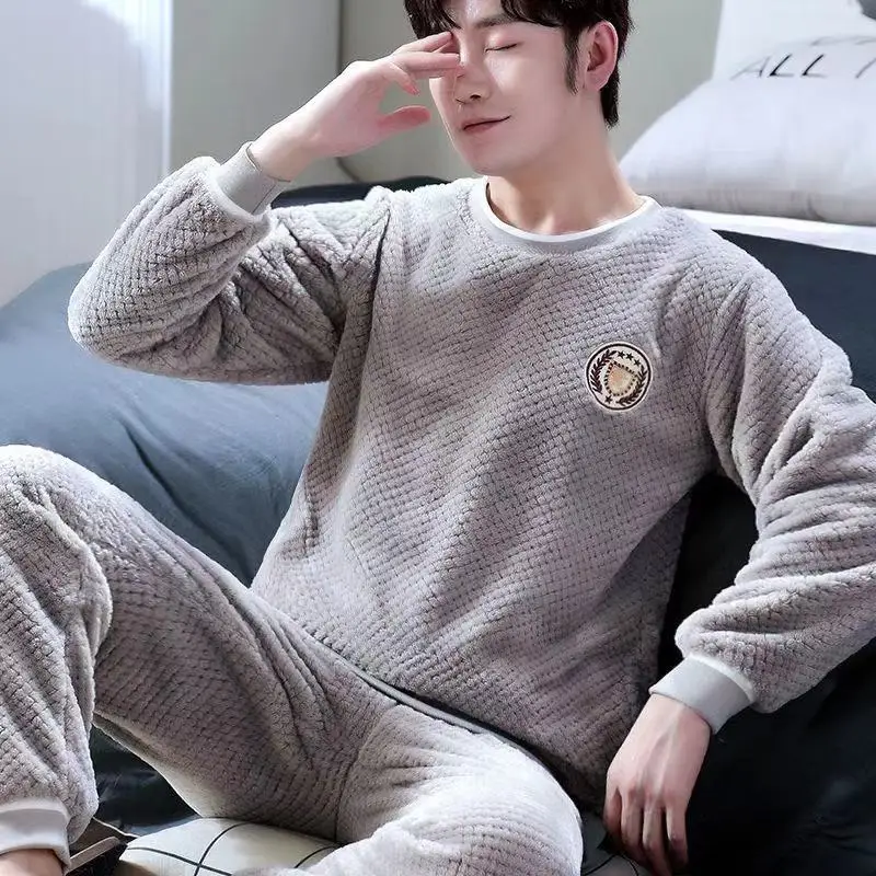 

Men's Flannel Pajamas Sets Thick Warm Winter 2Piece/Sets Sleepwear Plus Size Long Sleeve Round Neck Homewear Pyjamas