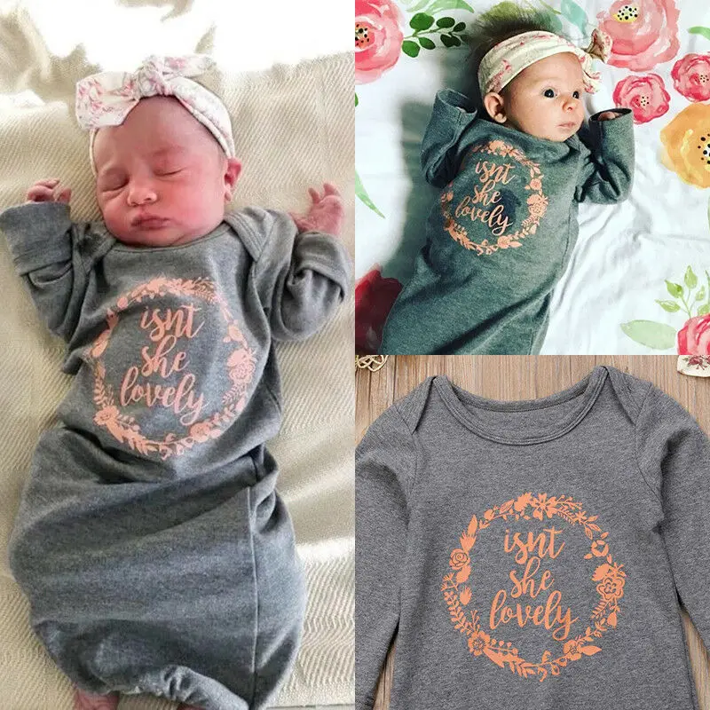 2Pcs Baby Boy Girl Footies Cotton Letter Headwear Headdress isn't She Lovely Long Sleeve Swaddle Wrap Blanket Sleeping Bag |