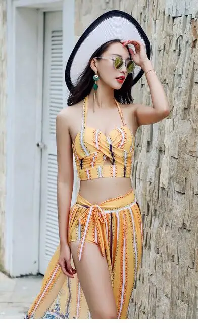 Летний комплект из 3 предметов купальник для женщин сексуальный принт пляжная