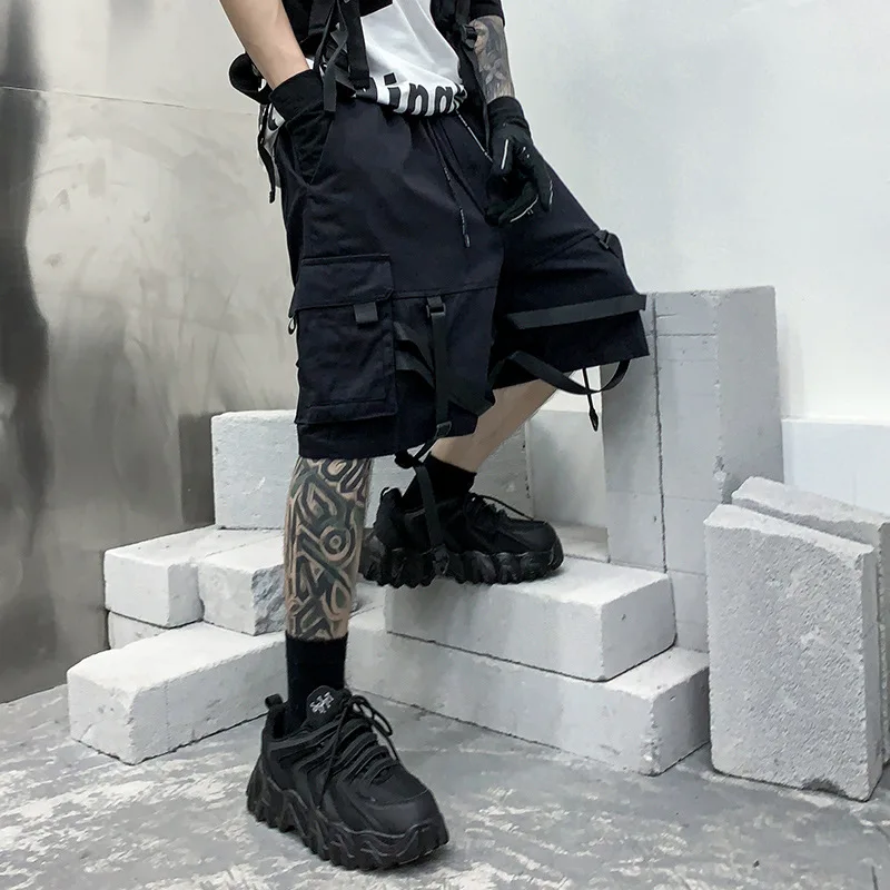 

SEVEYFAN Summer Men's Cargo Shorts Big pocket with Belt Hip Hop Street Fashion Loose Black Shorts