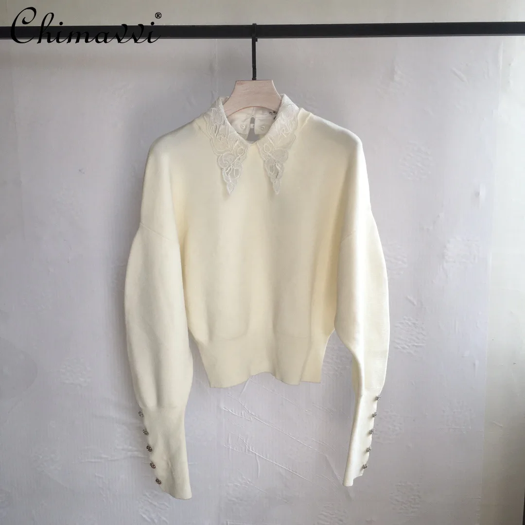 

Women's Detachable Embroidered Lace Collar Sweater 2021 Autumn Winter Diamond White Jumper Lady Long Sleeve Casual Top