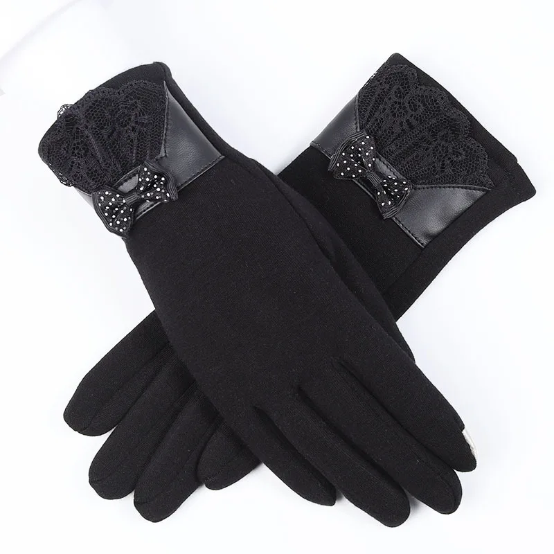 Bow Black--Velvet Зимние женские перчатки, ручные варежки для женщин, шерстяные женские вязаные кашемировые наручные перчатки Luva, перчатки для вождения автомобиля, перчатки для сенсорного экрана - Цвет: Bow Black--Velvet