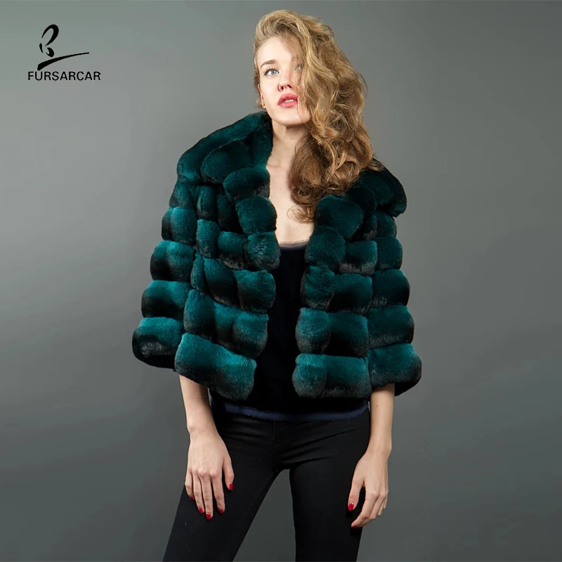FURSARCAR 2021 New Fashion Short Chinchilla Fur Jacket Winter Women Luxurious  Natural Real Rex Rabbit Fur Coat With Collar