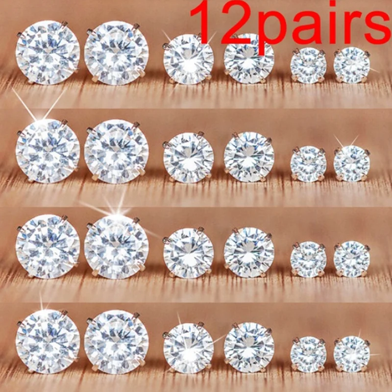 

New Fashion 12 Pairs Crystal Zircon Studs Earrings Set for Women