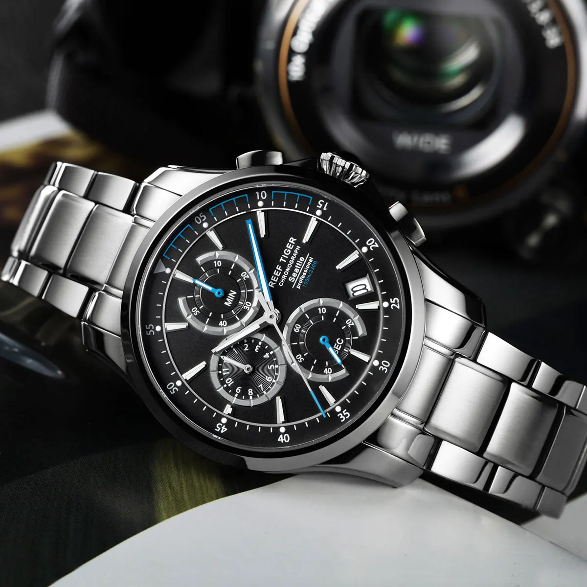 Часы мужские кварцевые с хронографом водонепроницаемые сапфировым стеклом -