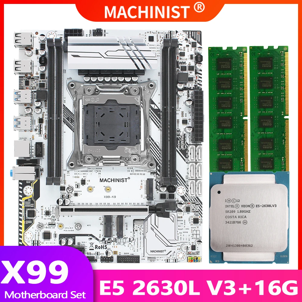 Günstig X99 Motherboard LGA 2011-3 Set Kit Mit Intel Xeon E5 2630L V3 Prozessor DDR4 16GB(2*8GB) ECC RAM Speicher X99-K9
