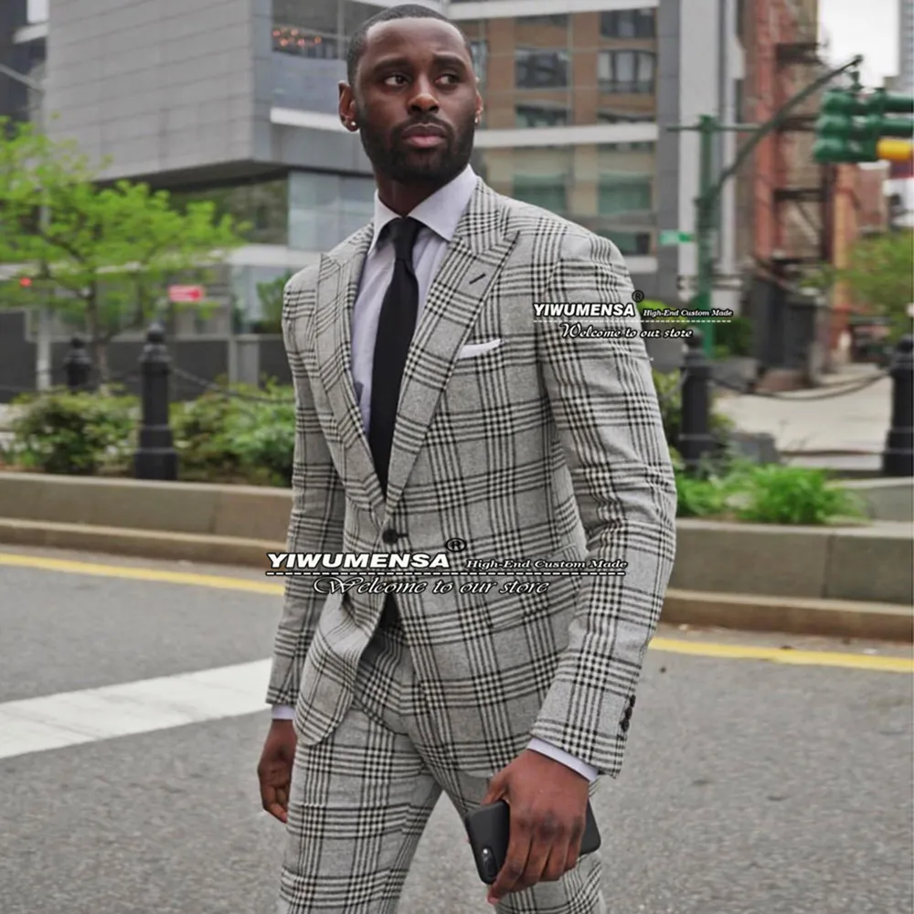 

Клетчатый костюм в клетку, мужские облегающие Свадебные смокинги, комплект из 2 предметов, Мужской однобортный пиджак и брюки, деловые блейзеры