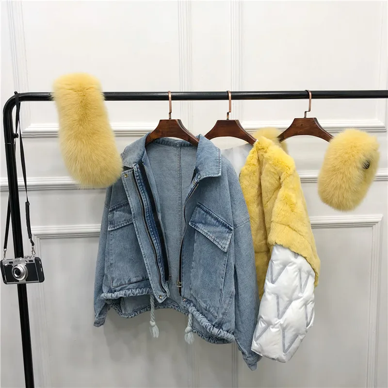 New INS Winter Female Real Fur Denim Coat Parkas 2020 Natural Rex Rabbit Fur Inner Women Coats and Jackets Fox Fur Collar