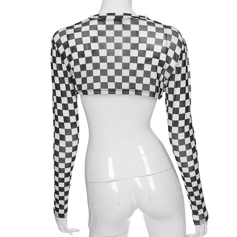 Арцу черный белый цвет плед с длинным рукавом укороченный топ Летняя короткая