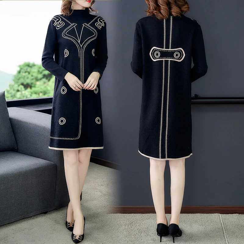 

2021 Large Size O Neck Long Sleeve Winter One Piece Dress Women Vintage Print knitted Sweater Fashion Lady Elegant Clothes Dress