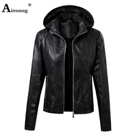 aimsnug 2021 autumn new faux pu leather jackets women hoodie outerwear pockets zipper coat slim biker jacket with velvet