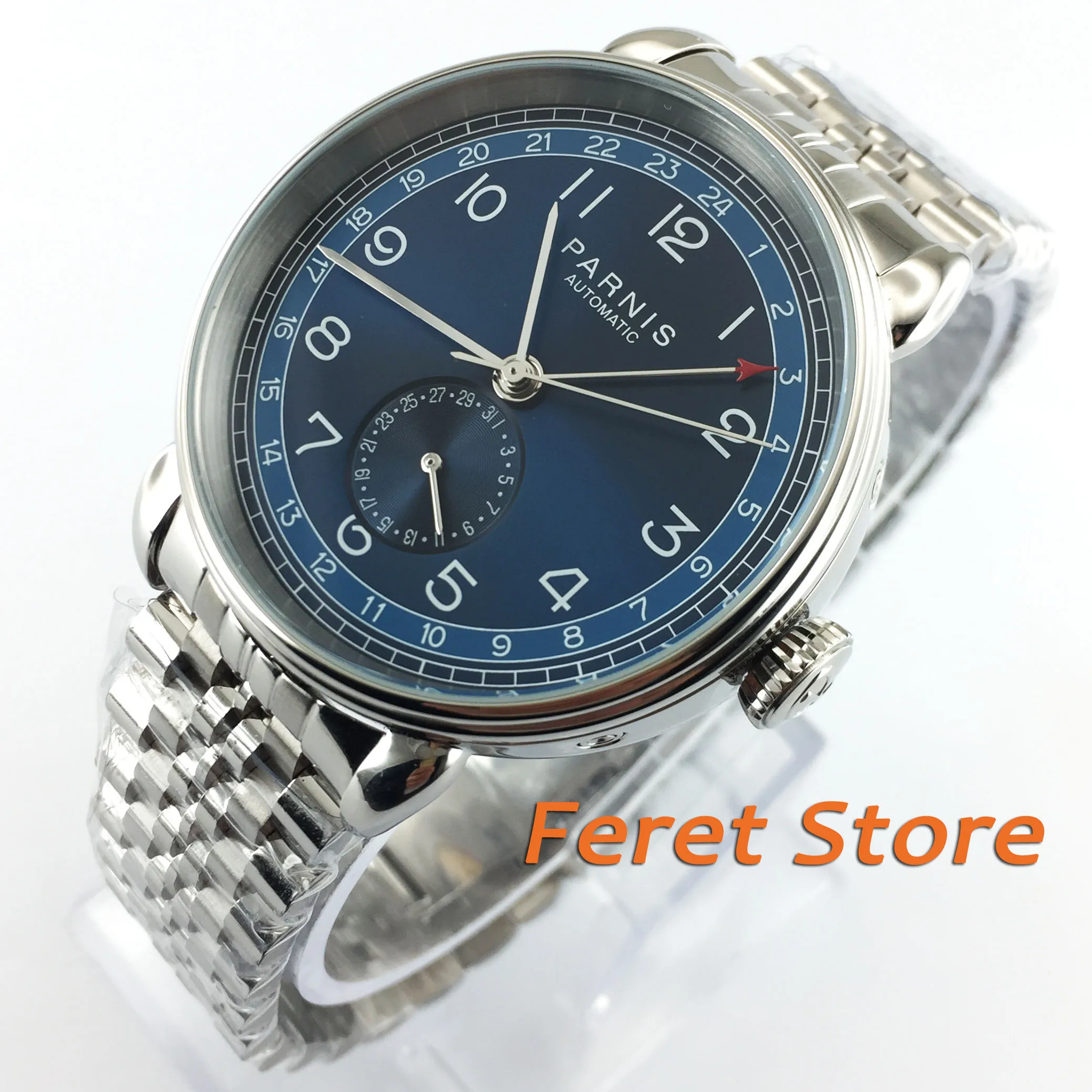 Мужские автоматические механические часы Parnis Серебристые 42 мм с синим