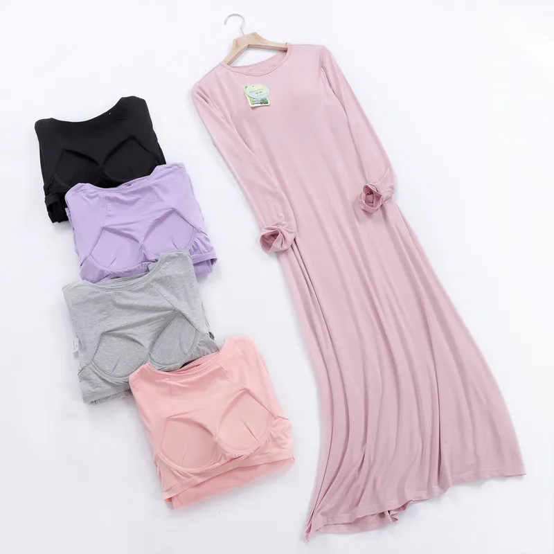 2023 New Nightgowns Women Spring Autumn Long Dress Modal Cotton Nightwear Nightdress Female Bra Padded Plus Size Nightshirt