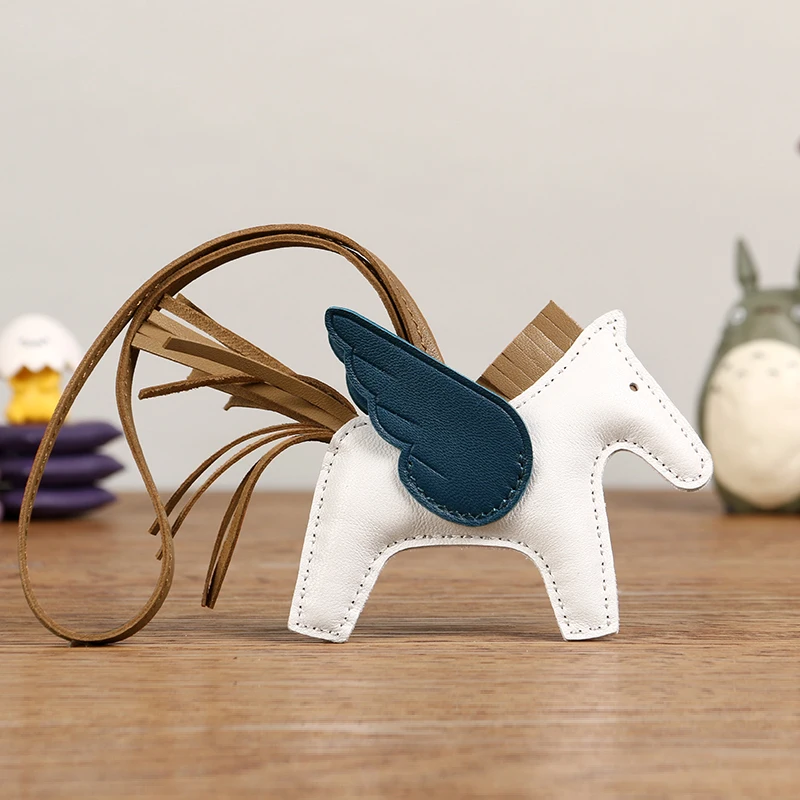 

S 10cm Luxury Sheepskin Horse Keychains Genuine Leather Charm Brand New Women Bag Ornament Handmade Pendant Trendy Accessory Hot
