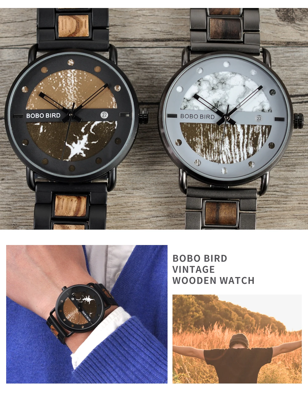 BOBO BIRD Wood relogio masculino, металлические часы, военные часы, цветной циферблат, стильный дисплей даты, erkek kol saati