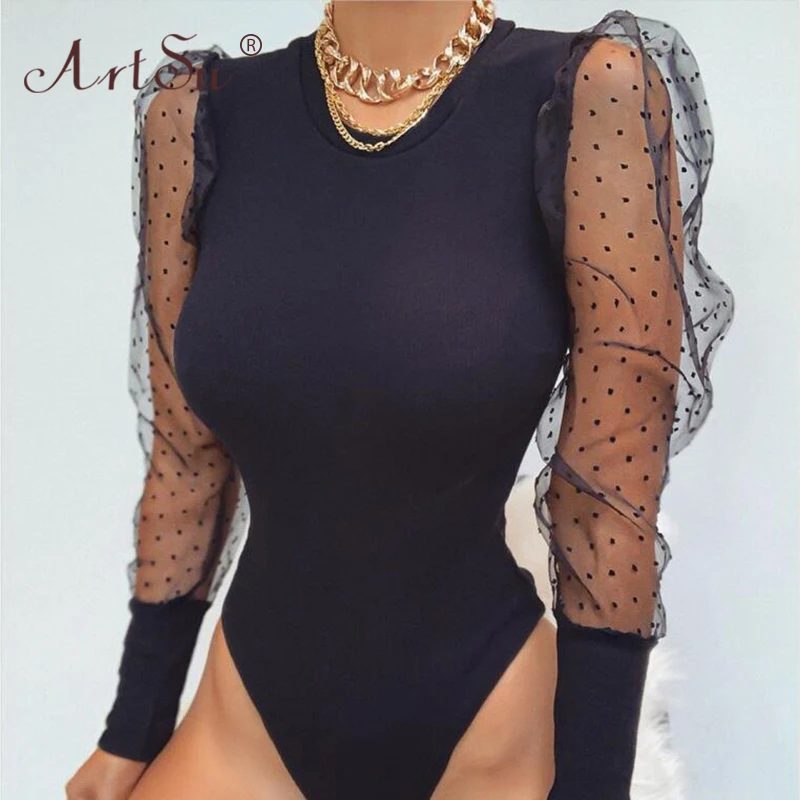 ArtSu Women Sexy Black Bodysuit Streetwear O-Neck Patchwork Long Sleeve Mesh Polka Dot Print Body Top Casual Overalls