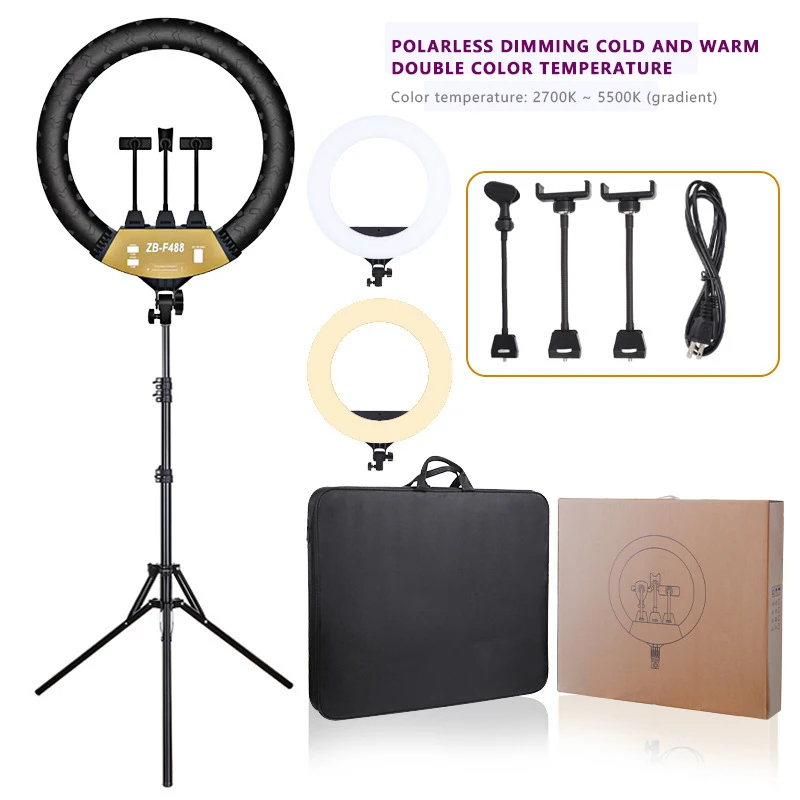 ZB-F488 22 Inch LED Live Streaming Fill Light Ring Photogrphy Lamp 3 Color Temperature Dimmable Selfie Beauty Makeup Lighting