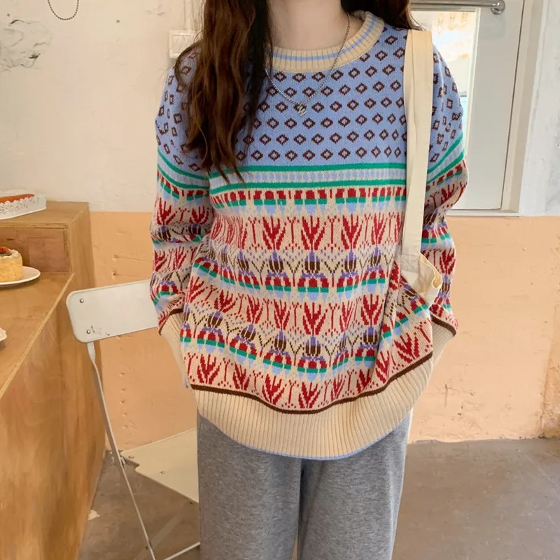 

Женский трикотажный свитер Alien Kitty, Повседневный пуловер контрастных цветов с круглым вырезом, в винтажном стиле с ромбовидным узором, осень...