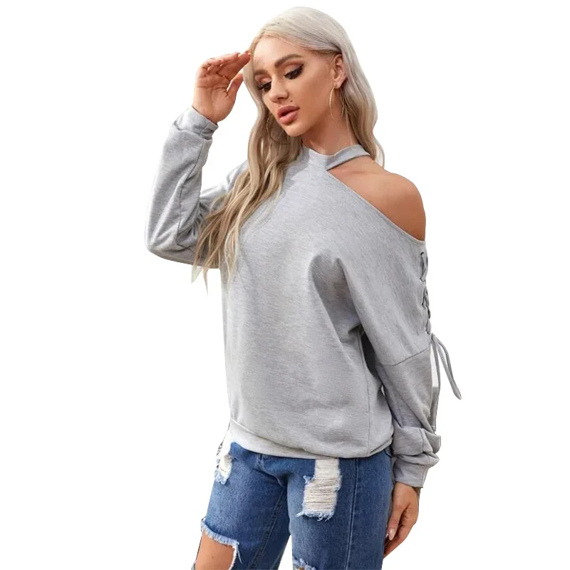 

Spring 2021 women's sexy oblique shoulder strap sweater solid color gray eyelet casual long-sleeved bottoming top