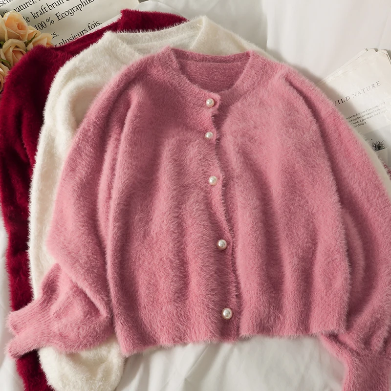 

Мягкий бархатный свободный тонкий свитер из норки с длинными рукавами, женский кардиган, осень 2021, Элегантный женский кардиган с V-образным ...