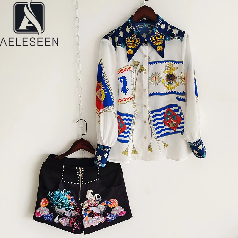 

AELESEEN Casula Summer Women 2 Pieces Sets 2021 Designer Beading Diamonds Chian Print Blue Shirt + Black Shorts Holidat Set