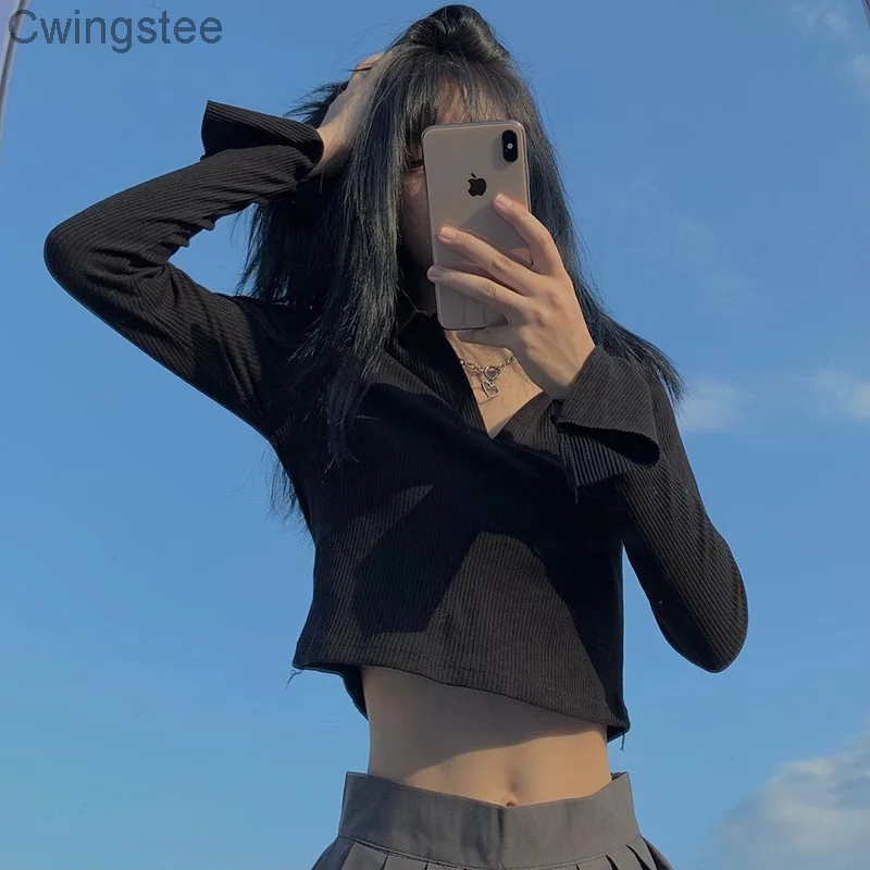 

Vintage Harajuku Solid Crop Tops Women Basic Chic Turn-down Collar Tshirts Cute Korean Streetwear Long Sleeve Tees