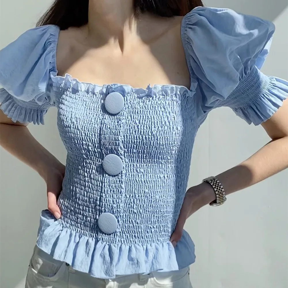 

Женские топы с оборками, однотонные модные плиссированные топы с квадратным вырезом и короткими рукавами-фонариками в уличном стиле, новин...