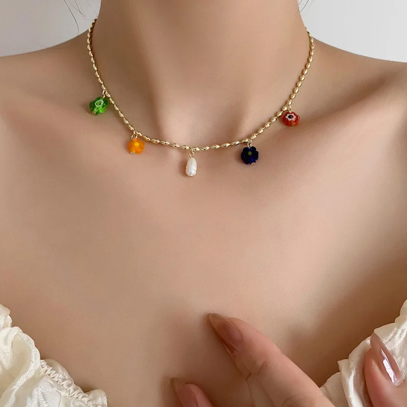 

Minar 2021 Summer Bohemian Rainbow Glass Flowers Freshwater Pearl Pendant Necklace for Women Round Bead Chain Necklace Jewelry
