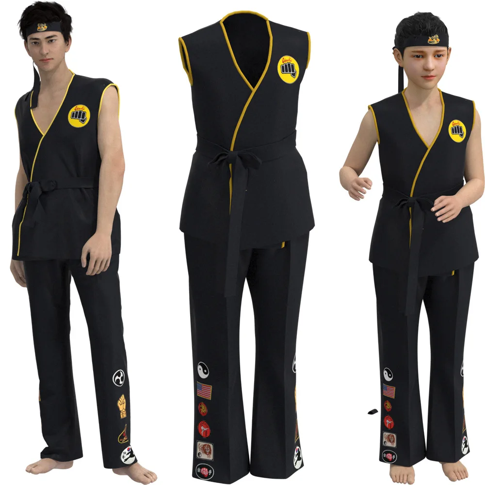 

Movie The Karate Kid Cosplay Costume Mens Boys Sleevless Karate Uniform Top Pants Headband Cobra Kai Halloween Carnival Suit