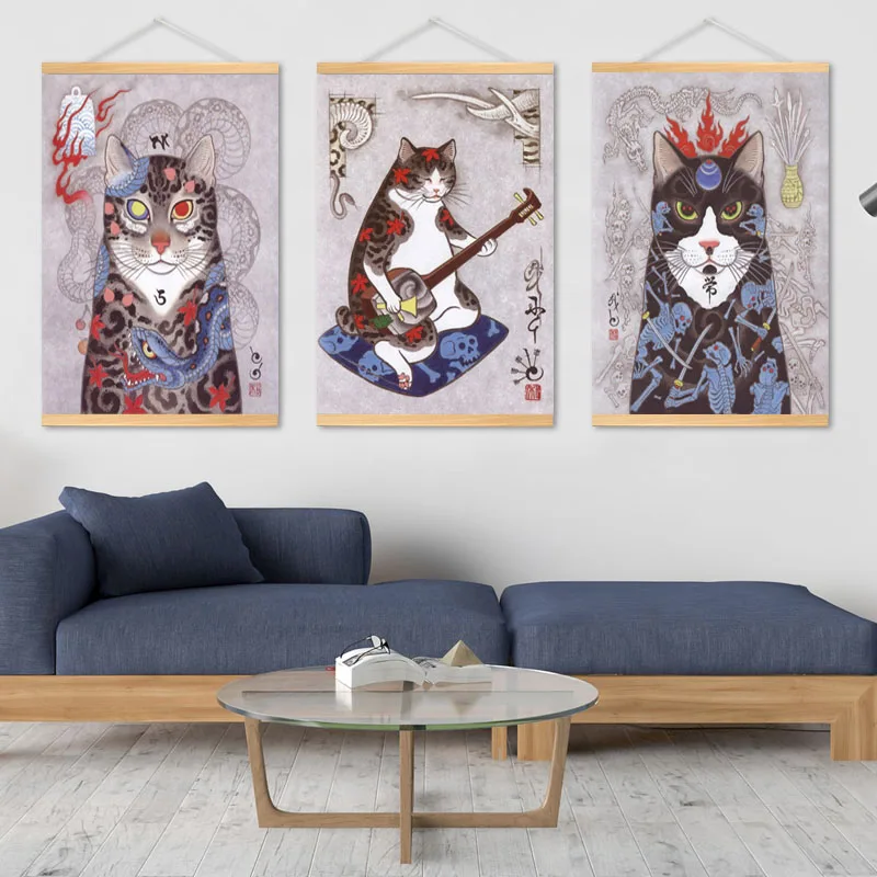 Тату в японском стиле плакаты с котом самурая рамен ностальгия холст живопись