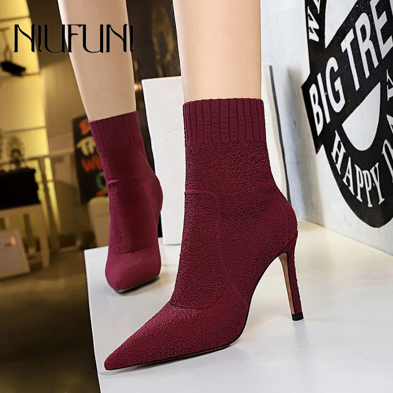 

Autumn Winter Stiletto High Heels Pointed Knitted Woolen Elastic Fabric Women's Boots Slip-On Pure Color Simple Suede Women Shoe