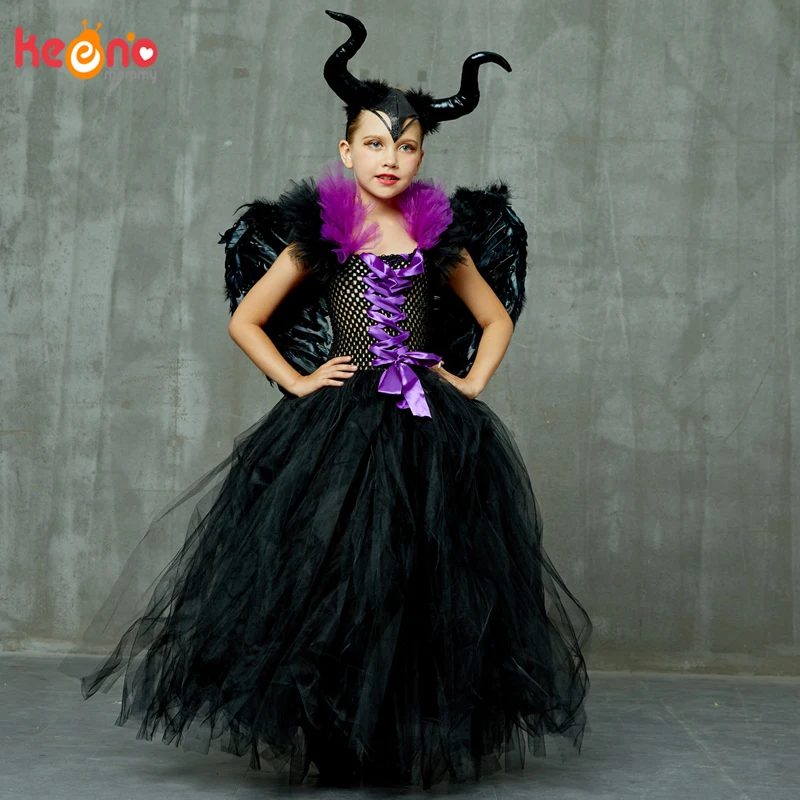 Maleficent/черное платье-пачка с роскошными рогами и крыльями; нарядное платье для девочек; Детский костюм ведьмы для косплея на Хэллоуин