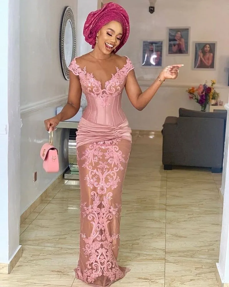 

Mermaid Africa Evening Dresses Lace Appliques Beaded Formal Party Gown Ruffles Long Special Occasion Dress