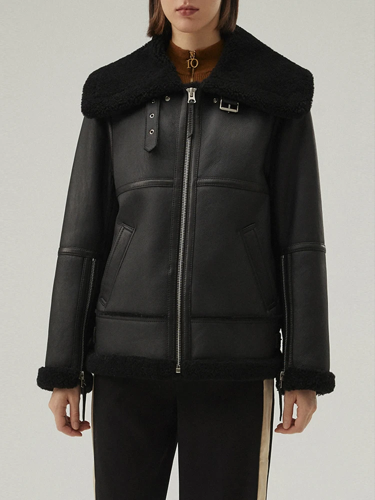 2020 New Import Shearling Coat Womens Black Leather Jacket Short Fur Coat Womens Winter Coats Thicken Wool Coat