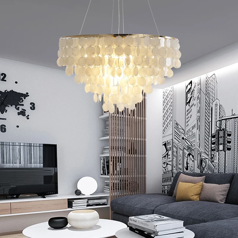 

Dia 27/38/50/60CM Modern White Shell Pendant Light Restaurant Hotel Gold Metal Ceiling Chandelier Home Luminaire Suspension
