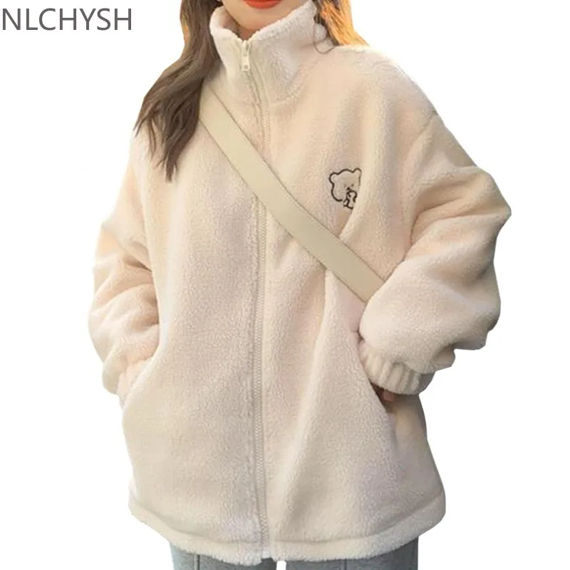 

Winter Letter Pink Zippercoat Lamb Wool Keep Warm Mid-length Women Sweatshirt Embroidery Cute Biscuit Bear Fashion Lady Pullover