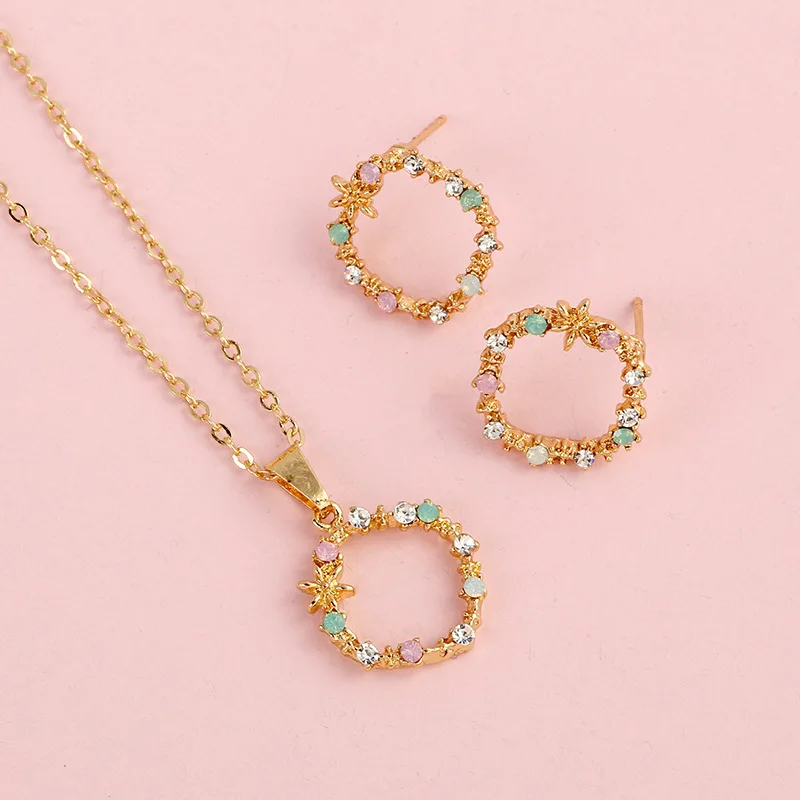 

Fashion Simple Alloy Inlaid Rhinestone Necklace Earrings Set Female Trendy Rose Gold Clavicle Chain Pendant