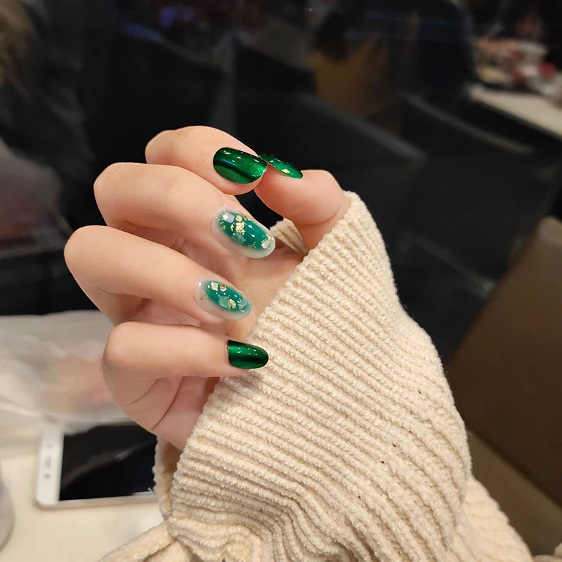 24 шт./упаковка накладные ногти зеленого цвета овальной формы водонепроницаемые с