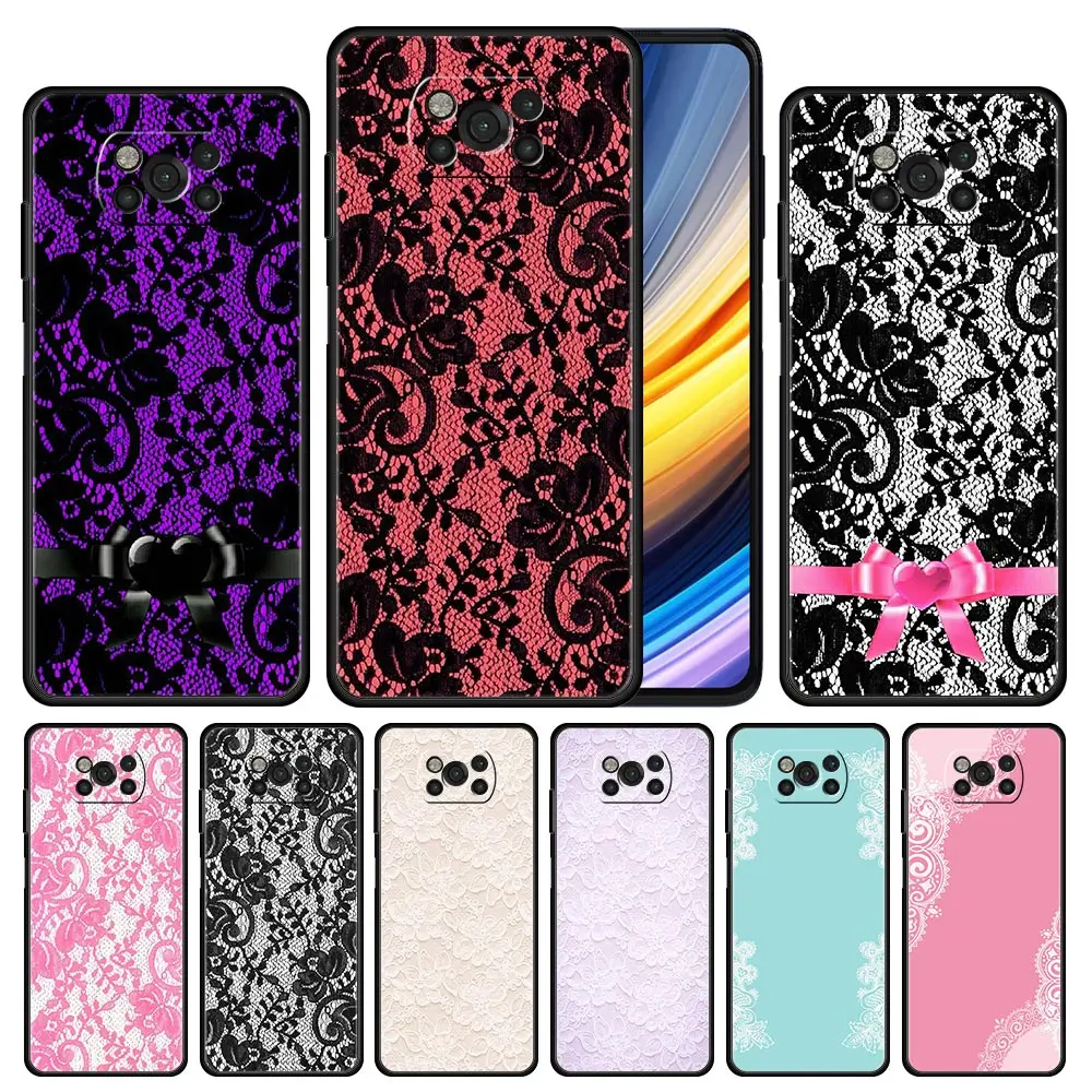 

Lace And Flowers Case for Xiaomi Poco X3 NFC M3 M4 Pocophone F1 F3 GT Redmi Note 9S 9 8 10 Pro 5G K40 Black Soft Phone Cover