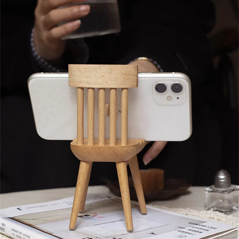 

Creative Wooden Chair Mobile Phone Holder Adjustable Angle Pad Holder Household Desktop Ornaments Gift