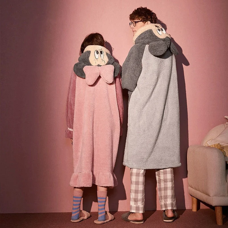 Couple Pajamas Plush Coral Velvet Cute Nightgown Autumn Winter Men's Womens Pajamas Suit Home Service Hooded Nightgown Fashion