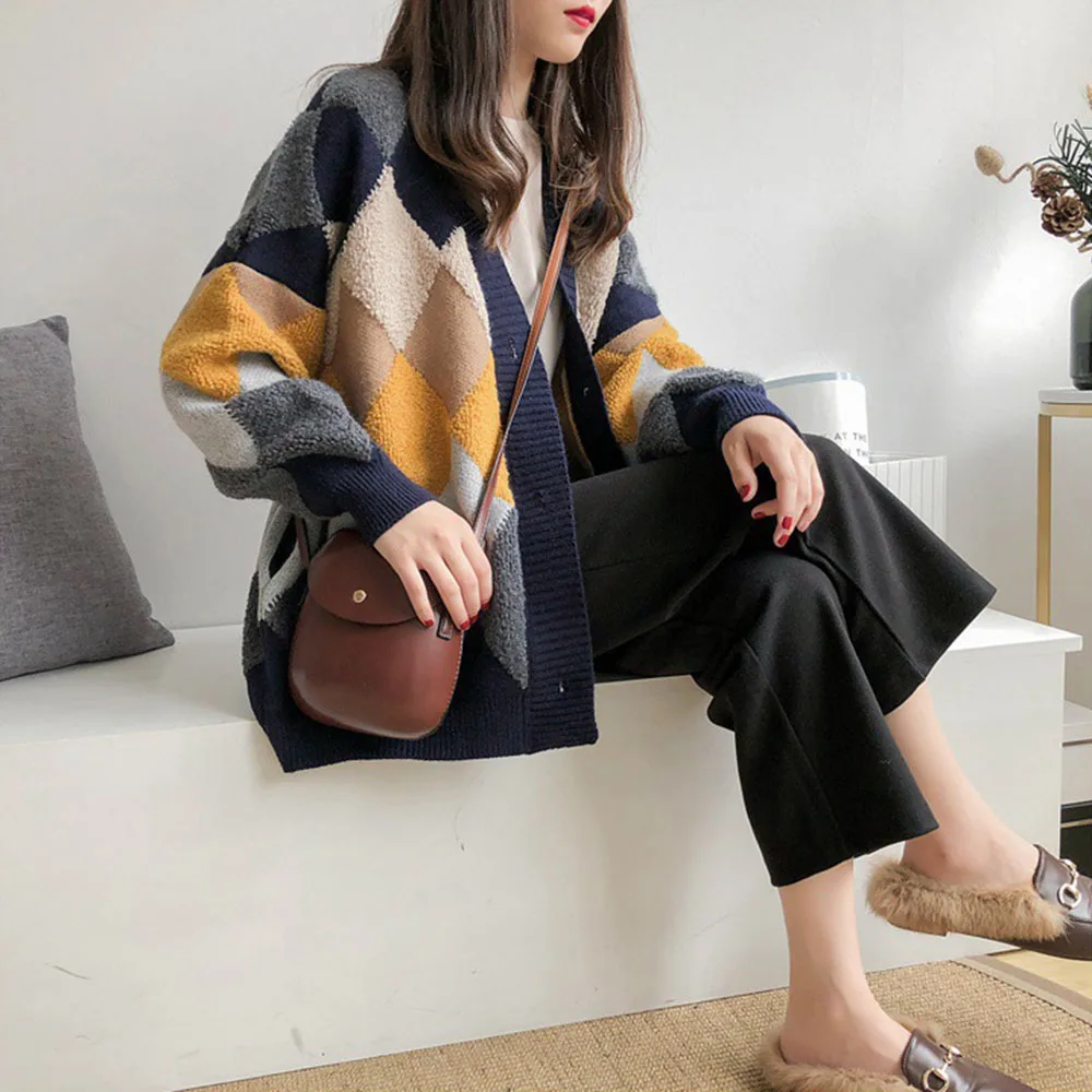 Loose Cardigan Sweater Coat Jacket Colorful Diamond Lattice Knit Korean Style Knitted Cardigan Single Breast Sweaters Women Tops