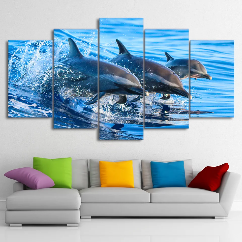

HD Printed 5 Piece Blue Ocean Jumping Dolphin Wall Pictures for Living Room Modern Posters and Prints
