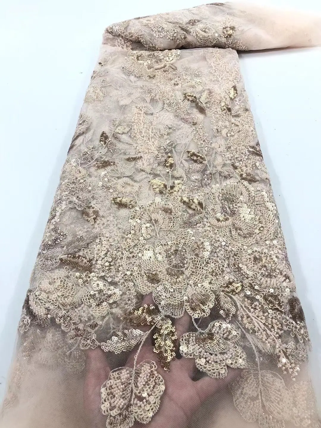 

New African Lace Fabric 5 Yards 2021 Beaded Velvet Sequin Embroidery French Tulle Net Lace Nigerian Party Dress Material