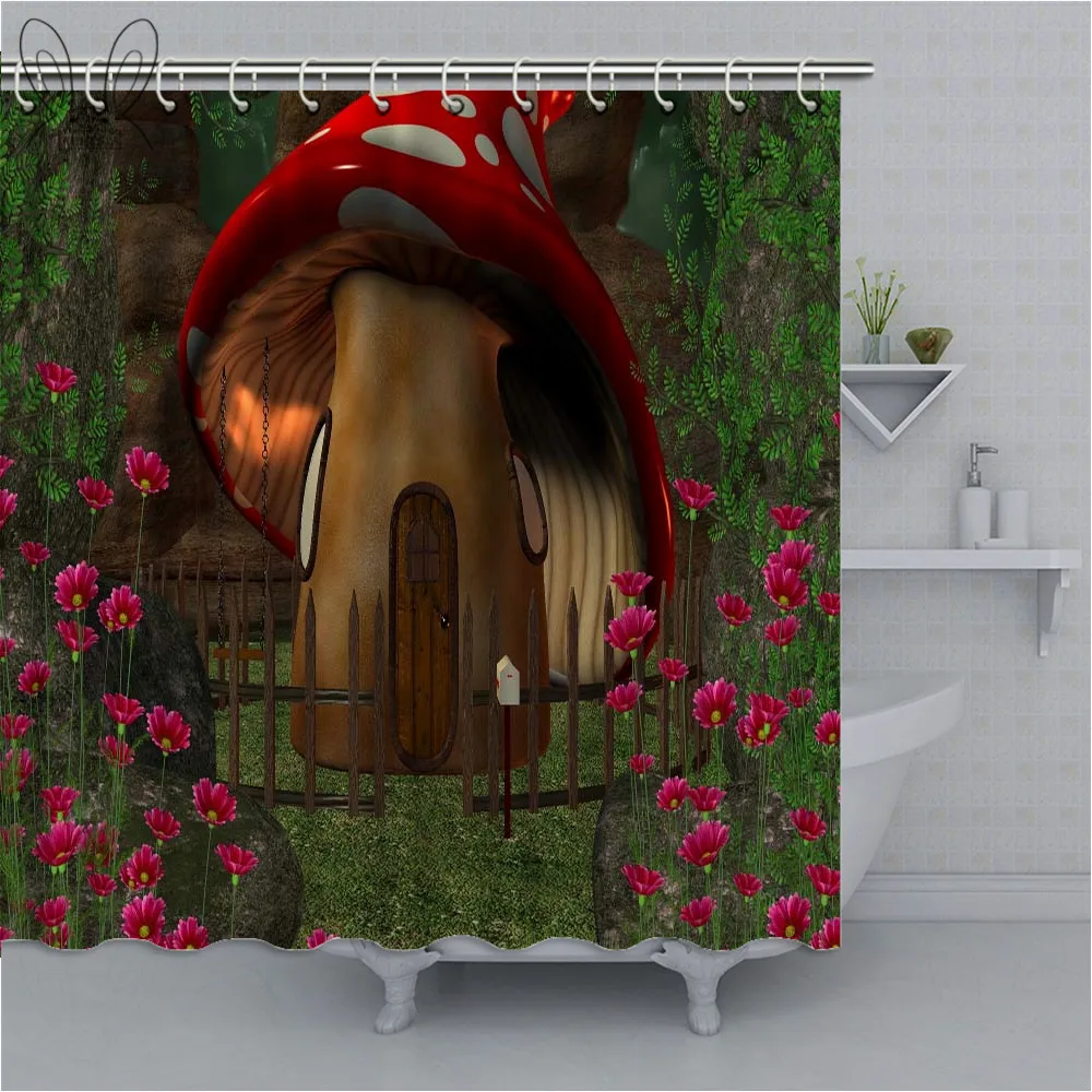 Занавеска для душа с рисунком деревьев и грибов | Дом сад