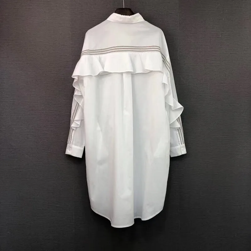 

blusas mujer de moda 2019 new women's fashion white long shirt celebrity ruffles lapel long-sleeved rinestone loose shirt